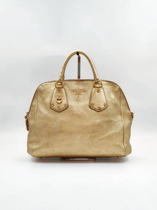 Prada Handbags - Prada Vitello Daino Metallic Gold Pebbled Leather Satchel Bag